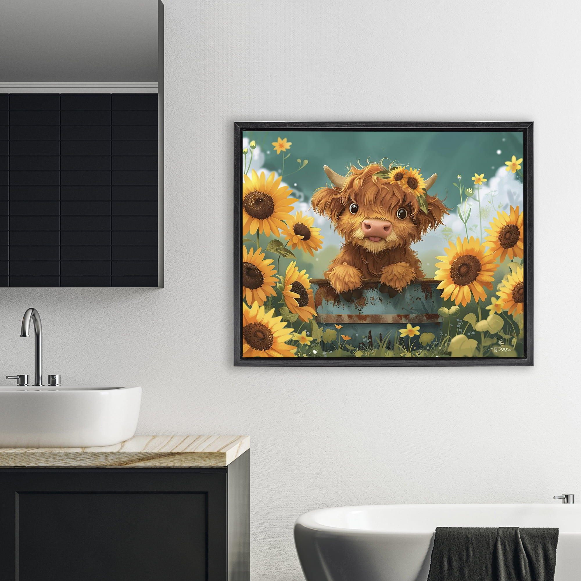 Cute Happy Highland Cow Black Framed Floater Canvas Wall Art, design by Momart