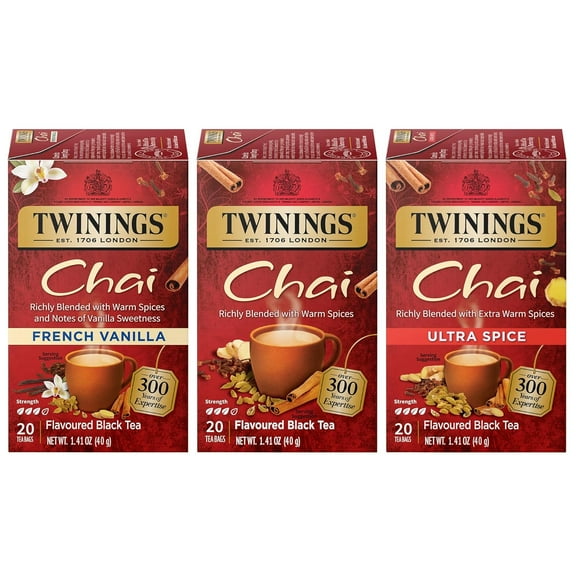 Twinings Chai Tea Variety 3-Pack – Chai, Ultra Spice Chai, and French Vanilla Chai, Caffeinated Black Tea Bags, 20 Count Each