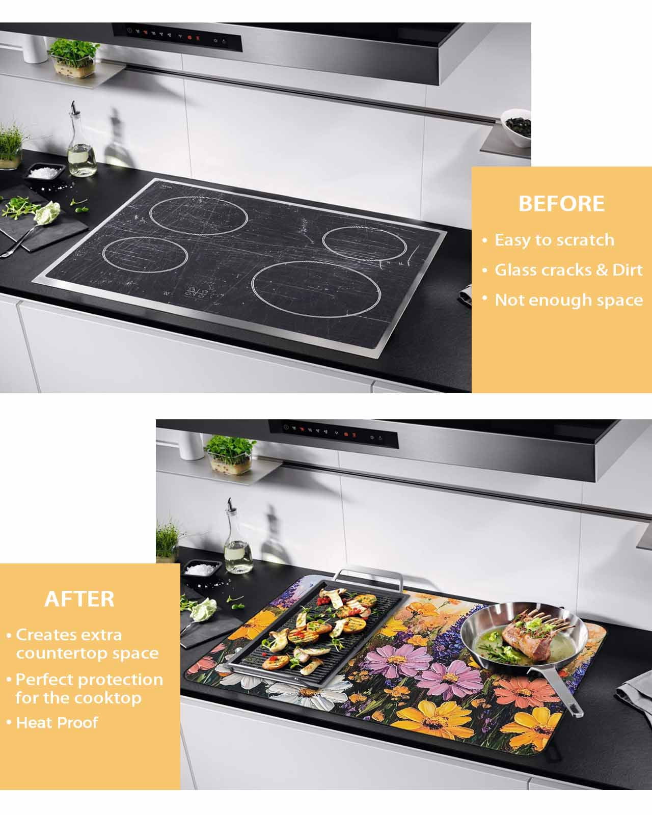 nqOlkjepod Large Induction Cooktop Protector Mat 36"x21", Colorful Flowers Stove Top Covers for Electric Stove, Modern Botanical Floral Oil Painting Stove Burner Cover Mats, Glass Top Stove Cover