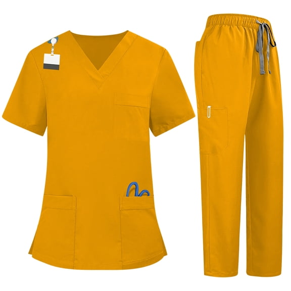 Fgvctg Womens Scrub Sets Plus Size Medical Scrub Sets Stretchy V-Neck Yoga Scrub Pants and Tops Scrub Joggers Nursing Scrubs Tall Scrubs Sets Yellow S