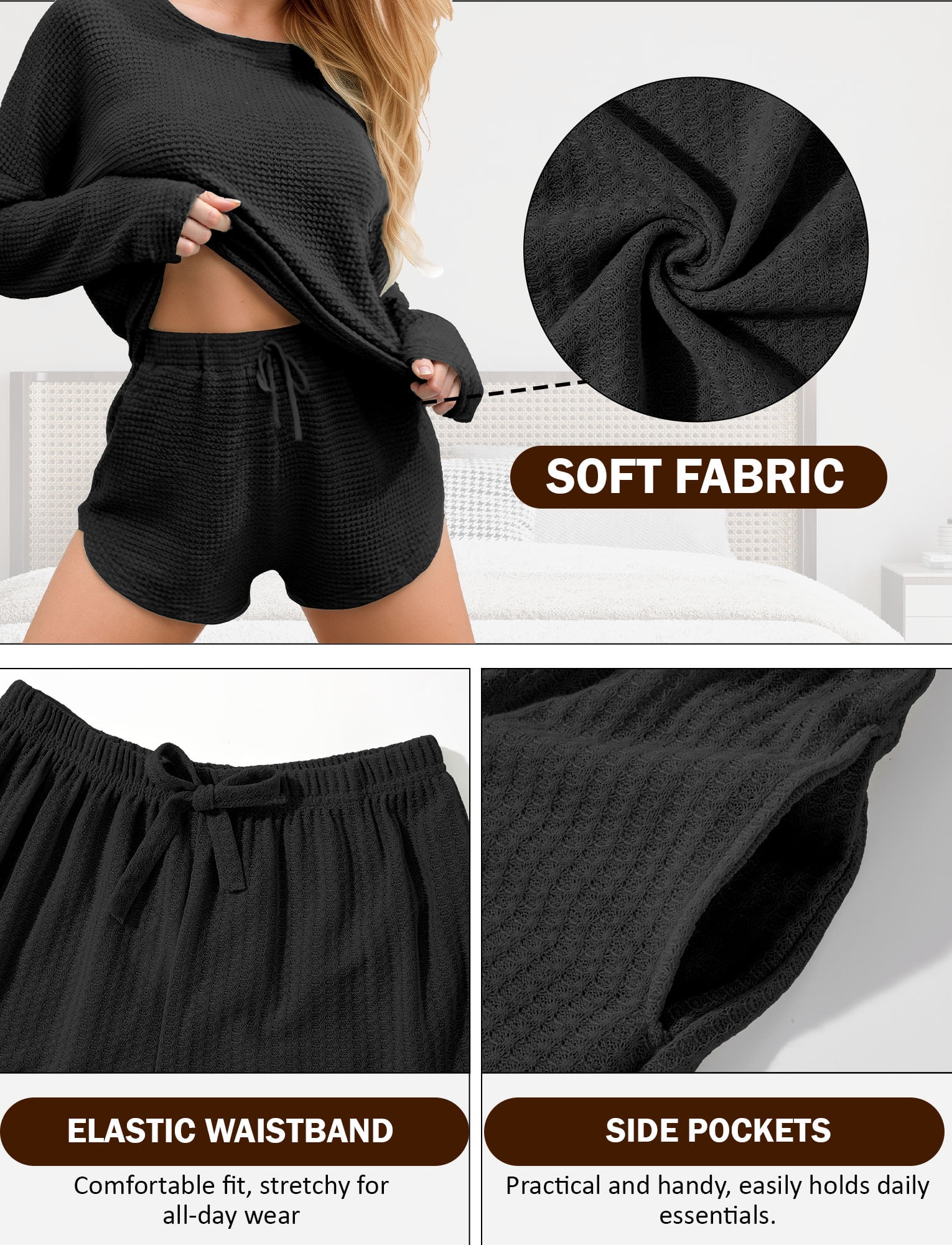 Aivtalk Pajama Set for Women Waffle Knit Lounge Sets Long Sleeve Top and  Shorts 2 Piece Matching Pjs Sleepwear Loungewear Outfit with Pockets Black  S - Walmart.com