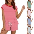 thumbnail image 2 of Bosfbaoi 2 Piece Sets For Women Striped Short Set Contrast Trim Short Sleeve Top Drawstring Waist Shorts Loungewear Set, 2 of 5