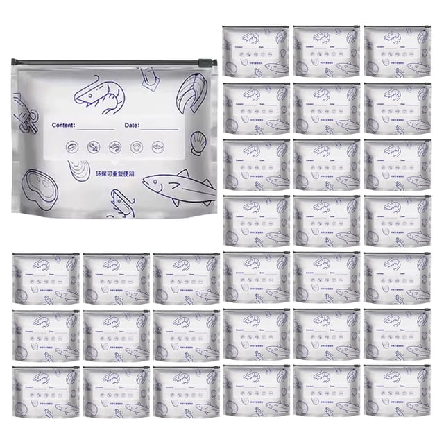30 Pcs Sacs de Rangement Réutilisables en Papier D\'aluminium Refermables 2025 Nouveaux Sacs Refermables à Vide avec Fermeture Éclair pour Sacs Autoportants en Papier D\'aluminium Refermables avec Étiquette et Verrou à Glissière pour Légumes Viande