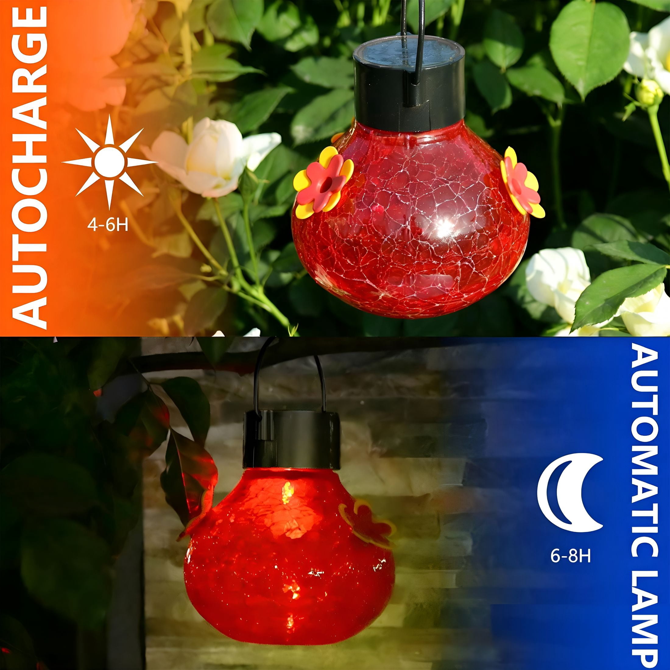 ACDANC Solar Hummingbird Feeder with LED Lights, Automatic Bird Glass Feeder, Outdoor Garden Patio Decor, Bird Attractor at Night, Easy to Hang Clean, 6.5x3.94 Inch, Multicolor