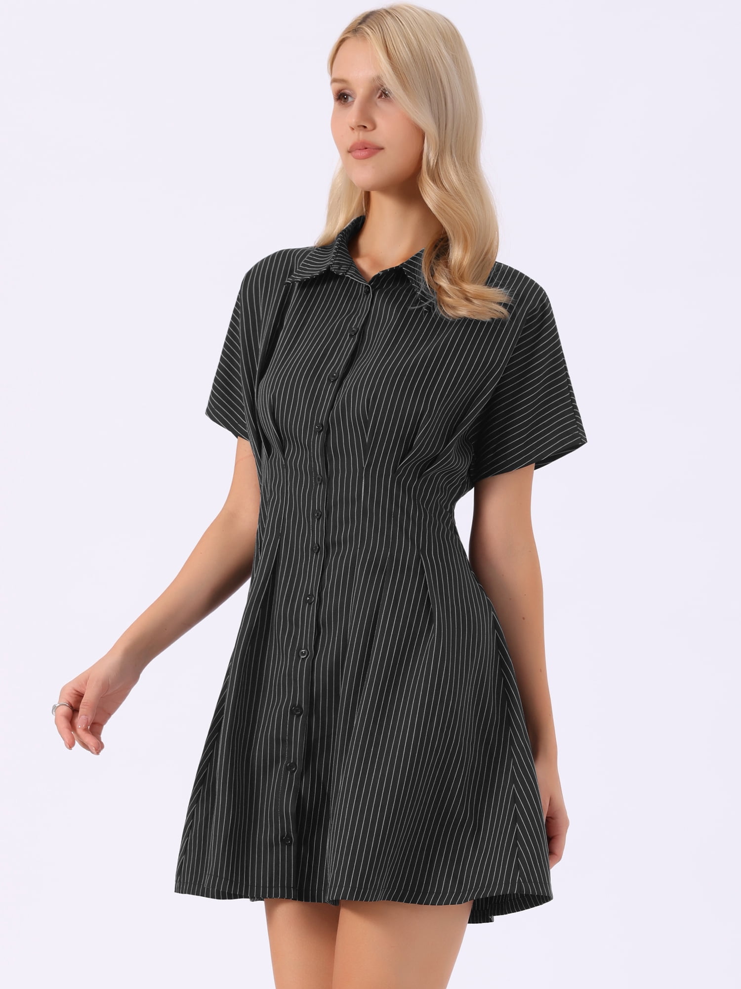 DARING DIVA Women's Striped Shirt Button Down Work Collared Mini Dresses S Black