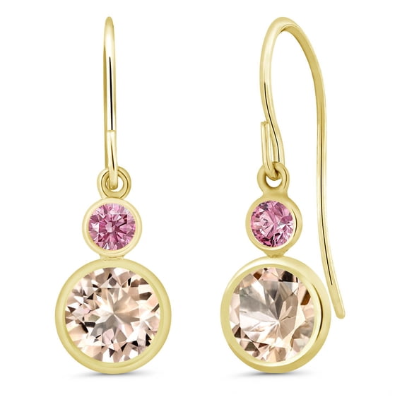 Gem Stone King 14K Yellow Gold Peach Morganite and Pink Lab Grown Diamond Drop Dangle Earrings for Women (1.46 Cttw, Gemstone October Birthstone, Round 6MM and 3MM)