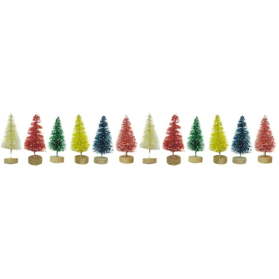 Jiyike 48 pcs Mini Christmas Trees with Sticky Wooden Base Miniature Small Desktop Tabletop Snow Covered Xmas Trees for Home Office Party Decoration (Mixed Colors)