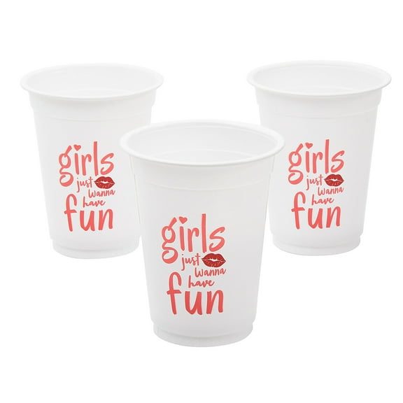 4 1/4" 16 oz. Bulk 50 Count Girls Just Wanna Have Fun Reusable Plastic Cups