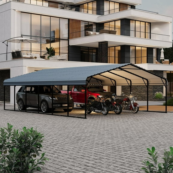 EROMMY 20x30ft Metal Carport, Heavy Duty Car Shelter with Galvanized Steel Roof and Frame, Sturdy Car Shed in All Weathers, Easy Assembly Carport for 2 Cars, SUV, Tractors and Boat, Gray