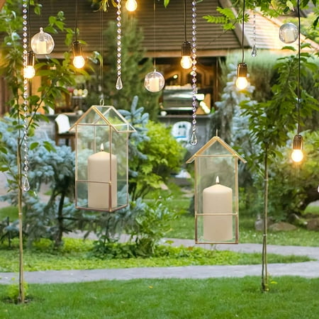Efavormart 10.5" House Lantern Hanging Gold Metal Geometric Glass Terrarium Multipurpose Air Plants Holder Container Box, Home Tabletop Decor for Succulent Fern Moss Air Plants