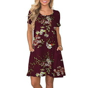 Women's Leisure Popular Floral Print Round Neck Element Pocket Stitching Short Sleeve Dress