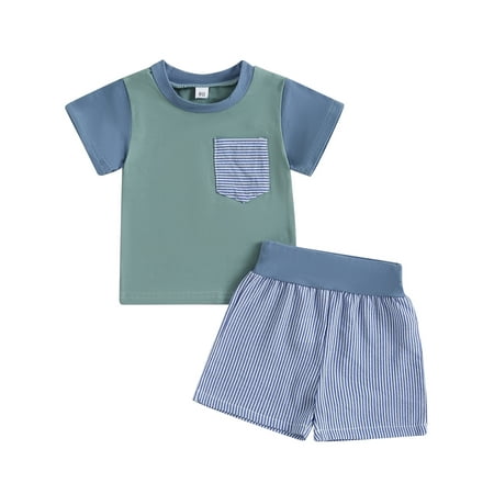 

Musuos 2Pcs Baby Boy Tracksuit Contrast Color T-shirt Tops Elastic Band Shorts