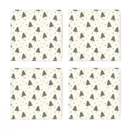 

Linen Cotton Canvas Cocktail Napkins (Set of 4) - Boho Winter Christmas Trees Green Cream Small Star Woodland Holiday Print Cloth Cocktail Napkins by Spoonflower