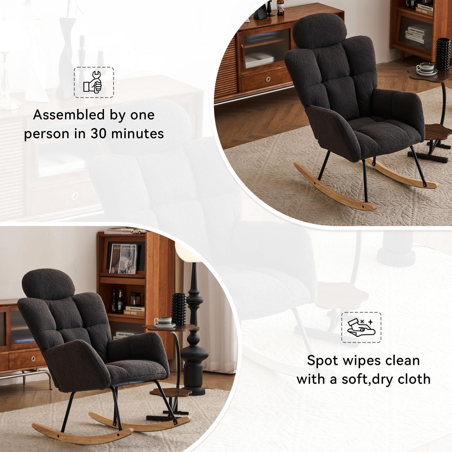 Soft Teddy Covered - Rocking Chair for Relax - Indoor Living Area - Easy to Assemble