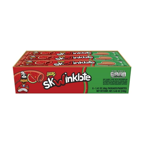 Lucas Skwinklote Watermelon Flavor Sweet and Sour Candy Strip, 1.41oz - 6 Pieces Pack for Treats, Snack, Parties, Piatas