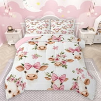 Manfei Kawaii Milk Cow Bedding Comforter Set,Cute Cartoon Bowtie Twin Comforter Sets,Pink White Bedding Set For Girls Kids,Microfiber Bedroom Decor Reversible,2pcs
