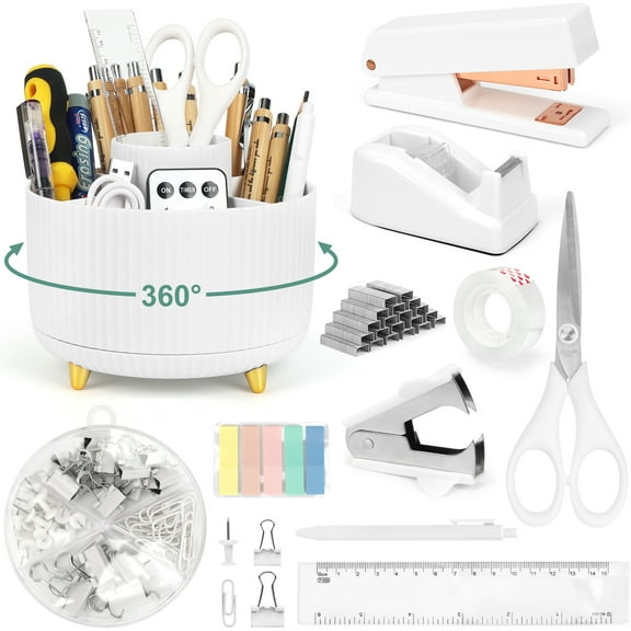 11PCS Office Supplies Set, Desk Stationery Set with 360° Rotating Pen Holder 1000Stapler Staple Remover Clips Set Tape Dispenser Tape Staples Pen Ruler Scissors and Sticky Notes,White