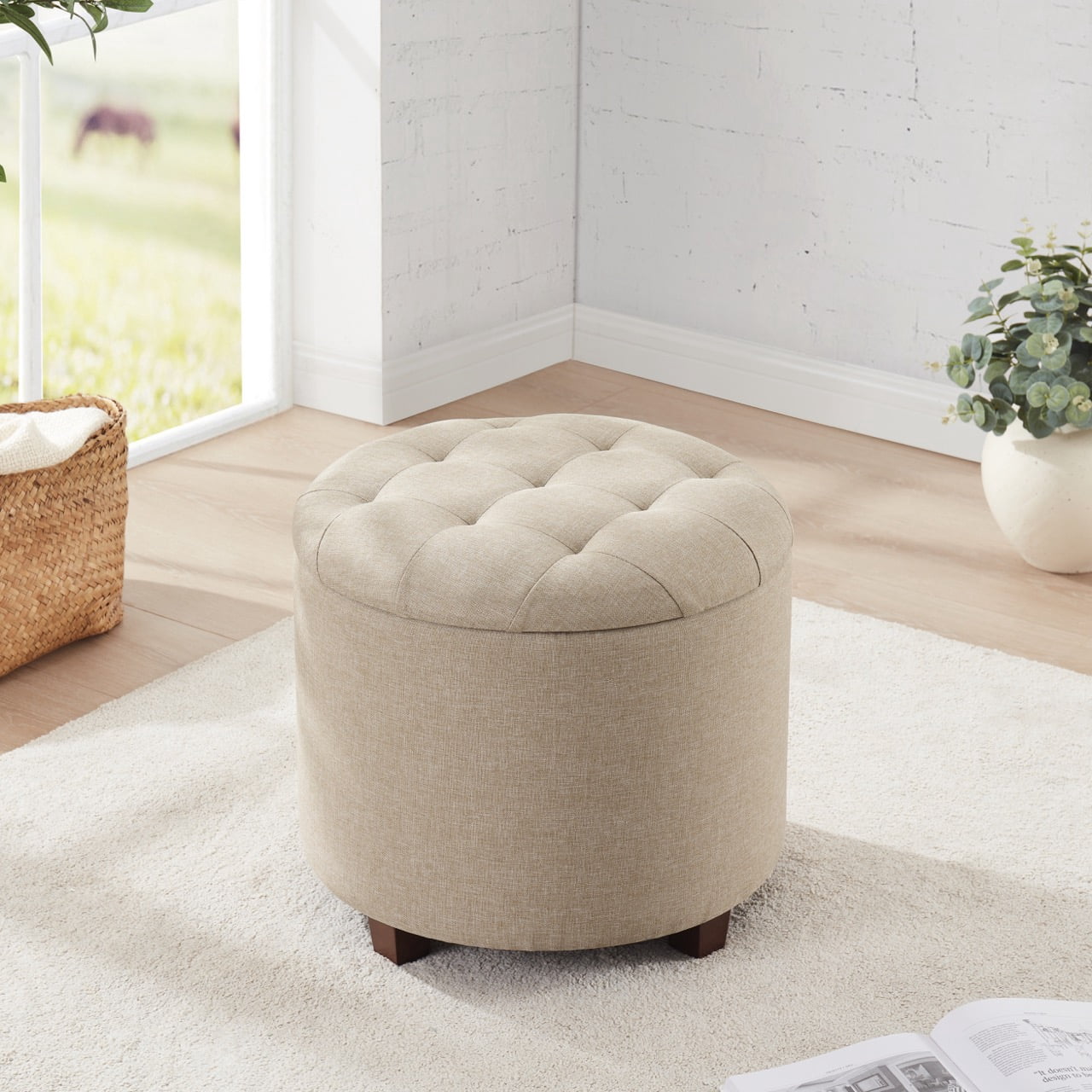Ornavo Home Donovan Round Tufted Linen Storage Ottoman Foot Rest Stool Seat with Removable Lid - Beige