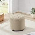 thumbnail image 5 of Ornavo Home Donovan Round Tufted Linen Storage Ottoman Foot Rest Stool Seat with Removable Lid - Beige, 5 of 7