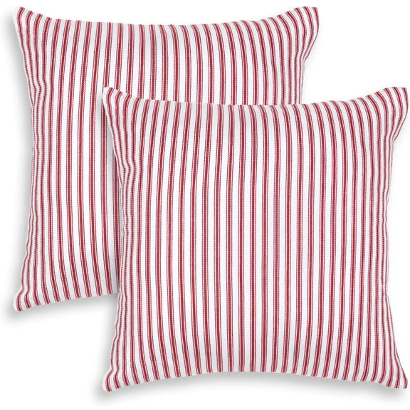 Red and White Ticking Stripe Woven Decorative Square Throw Pillow Case Covers, Set of 2