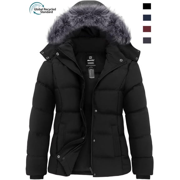 Wantdo Women's Recycled Winter Thicken Puffer Coats Windproof Winter Jacket with Removable Hood Black L