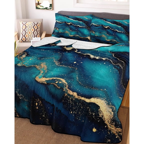 Blue Black Marble King Size Down Alternative Comforter, Lightweight Comforter Quilt Bedding Set with Pillow Shams Modern Golden Abstract Aesthetic All Seasons Bed Comforter Duvet Insert 96"x106"