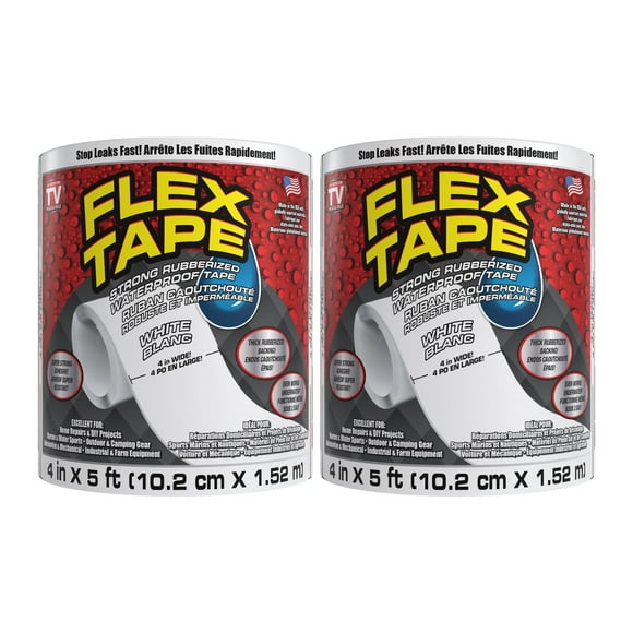 Flex Tape - Strong Rubberized Waterproof Tape; Instantly Stop Leaks; Great for Home Repairs, Plumbing, Outdoor Gear, DIY Projects, Automotive Fixes, White, 4 in x 5 ft (10.2 cm x 1.52 m) - 2 Pack