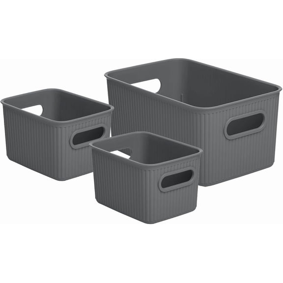 Superio Ribbed Collection - Decorative Plastic Open Home Storage Bins Organizer Baskets, Grey (Set of 3) 1 Medium, 2 Small - Container Boxes for Organizing Closet Shelves Drawer Shelf