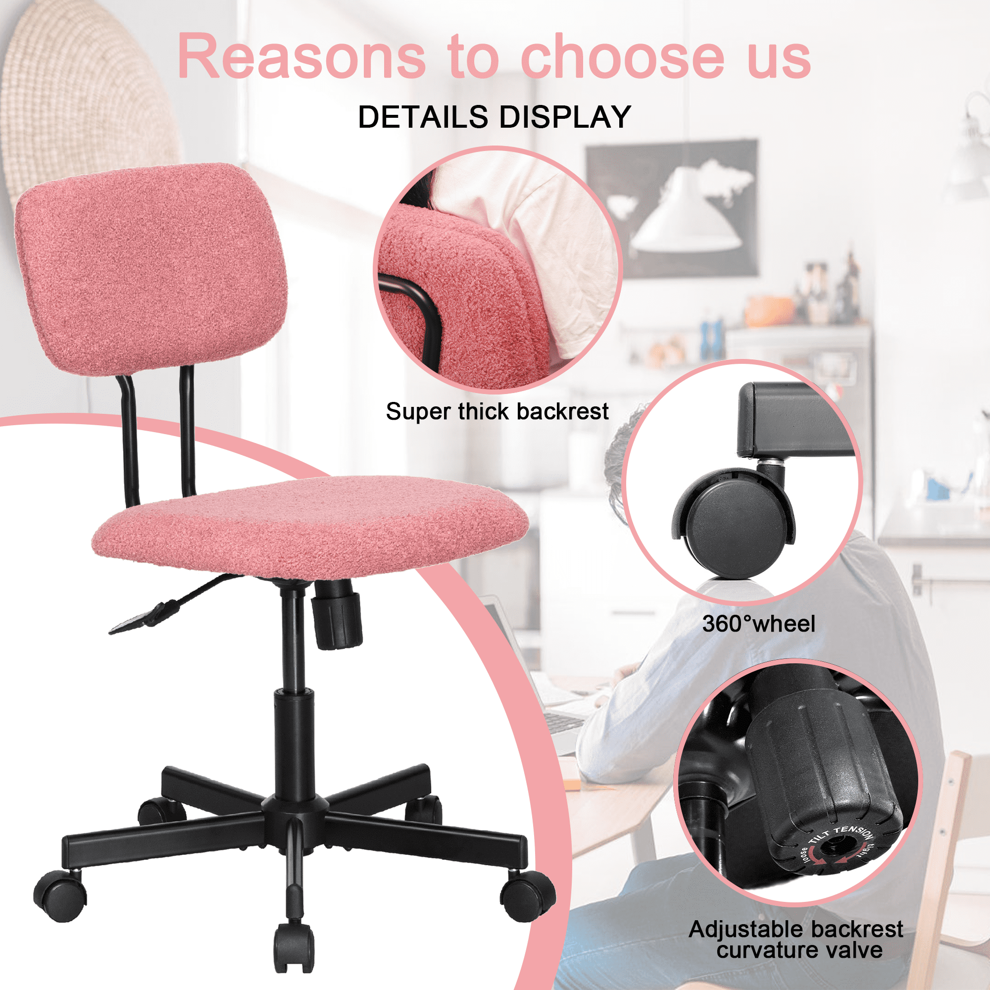 JJS Low Back Velvet Fabric Armless Home Office Computer Chair in Pink