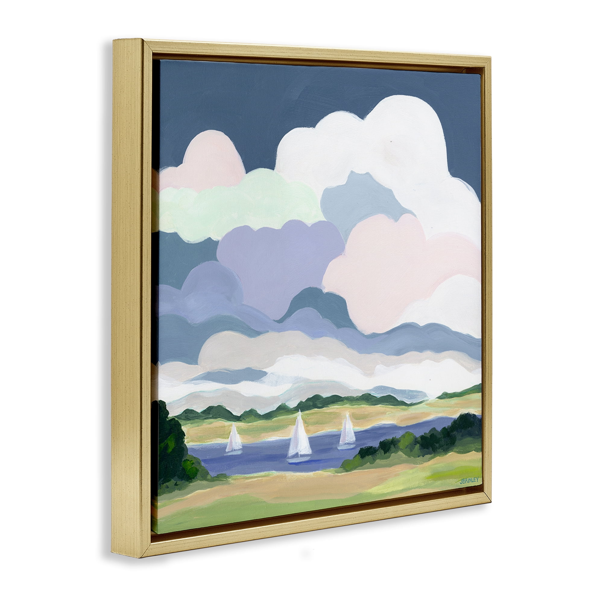 Stupell Industries Lake Sailboats with Clouds Landscape & Nature Painting Gold Floater Framed Canvas Art Print Wall Art, 25 x 25