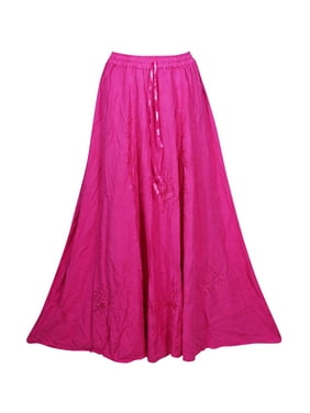 Mogul Women Maxi Skirts Pink Boho Gypsy Hippie Embroidered Rayon Solid Casual Boho Long Skirt S/M