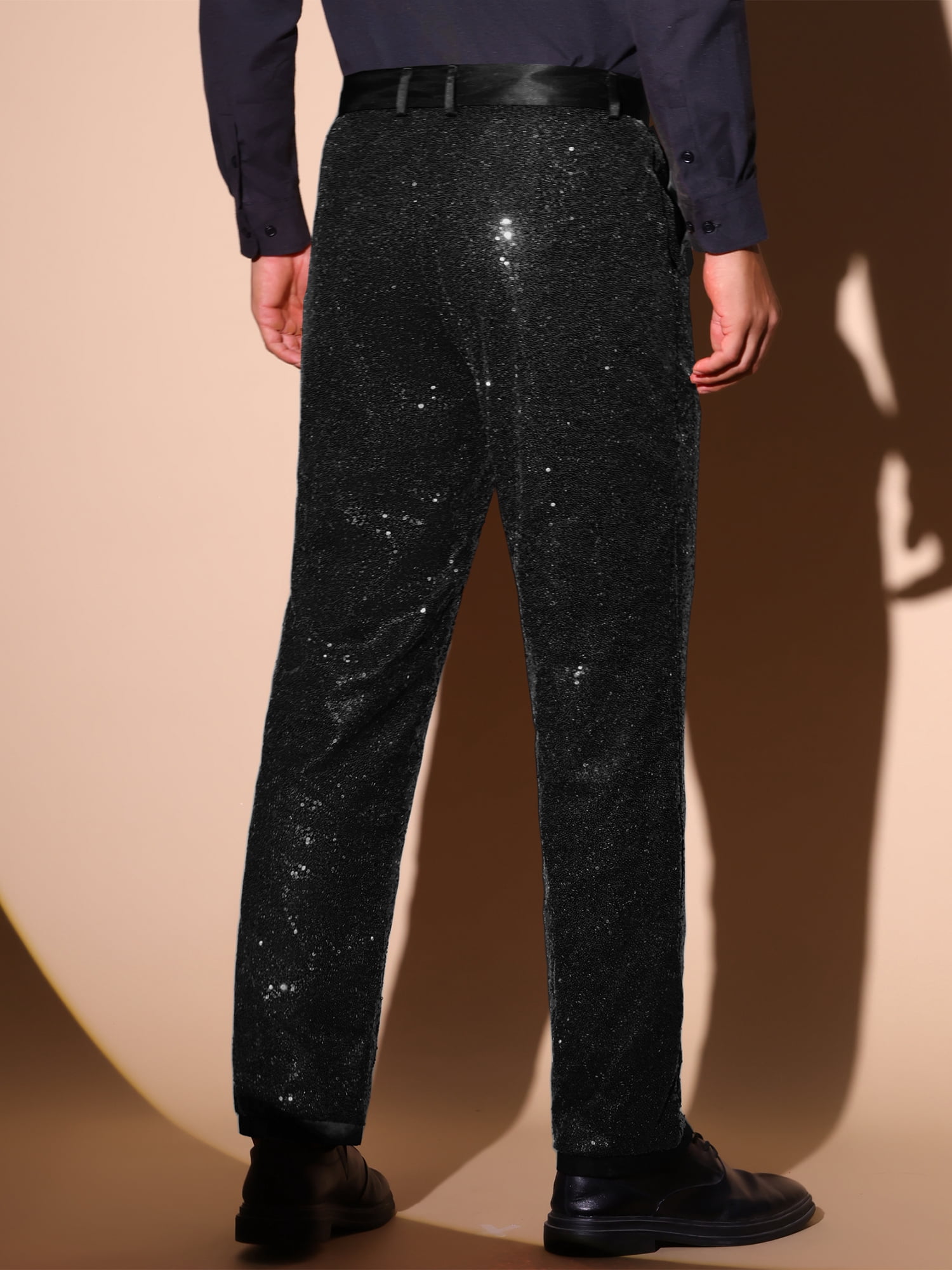 DARING DIVA Men's Shiny Sequin Pants with Straight Leg Design Pants 32 Black