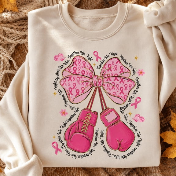 Breast Cancer Awareness Shirt, Together We Fight Sweatshirt, Pink Ribbon Boxing Gloves Bow Hoodie and T-Shirt, October Support Gift for Women