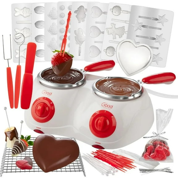Good Cooking Dual Electric Chocolate Melting Pot Gift Set- Candy Making or Cheese Fondue Fountain Kit w/ 30 Free Accessories - 7 Fun Mold Trays & Dipping Forks - Appetizers & Desserts
