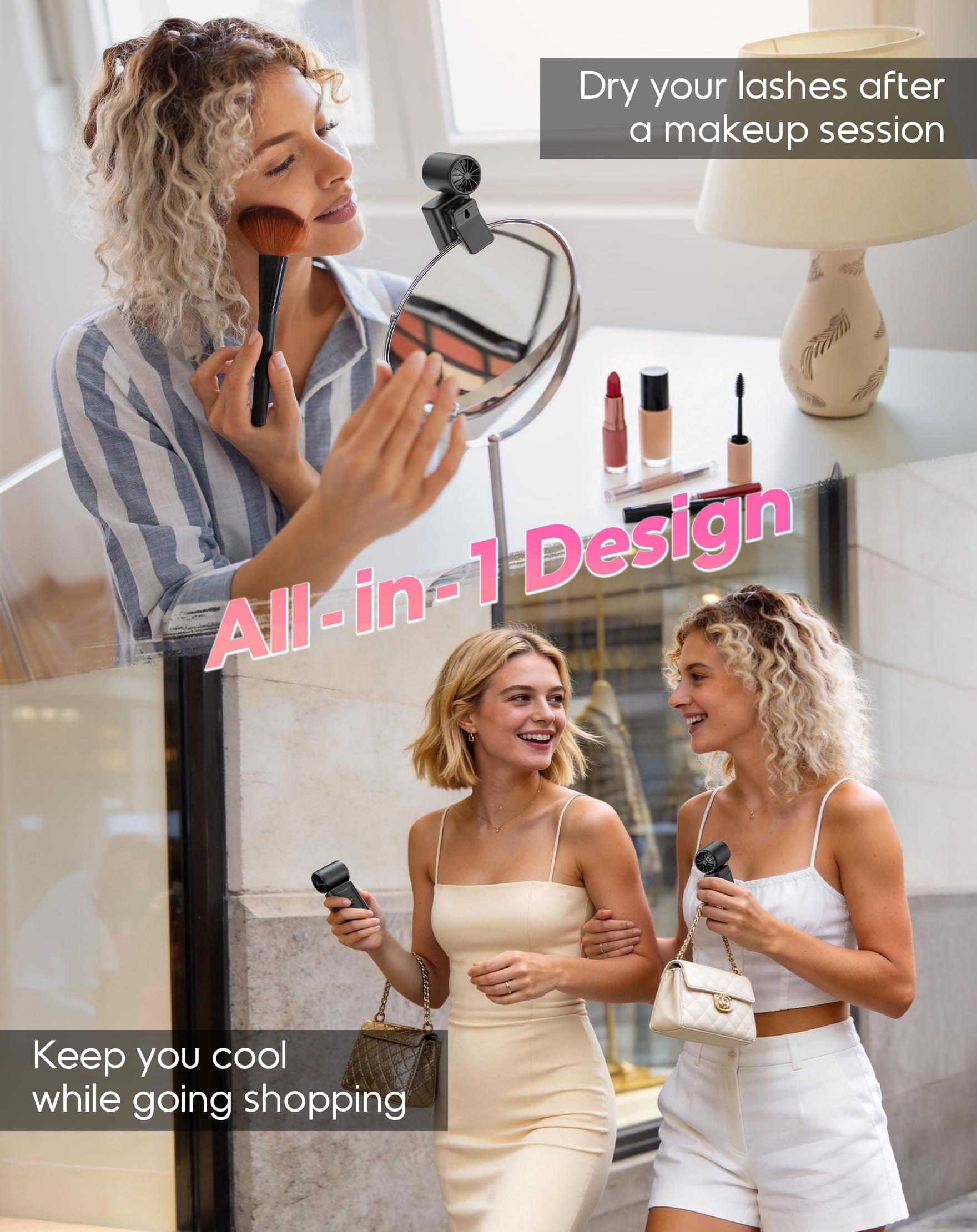 Portable Clip-On Mini Fan, Hands-Free, Turbo Personal Handheld Fans Rechargeable w/4 Wind & LED Display, Pocket Size Summer Cooling Essentials for Travel/Eye Lash/Beach/Concert, Gifts for Women(Pink)