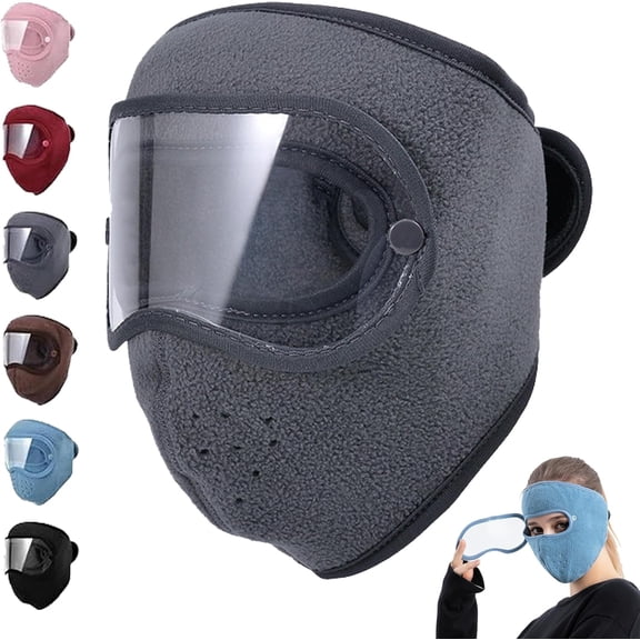 Fleece Thermal Mask with Removable Goggles, Winter Running Warm Mask with Full Face Protection, Breathable Windproof No Fog for Men and Women Running Skiing Hiking Cycling