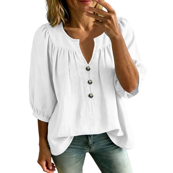 Lenpel Womens Dressy Casual Blouses V Neck Balloon 3/4 Length Sleeve Tops Fashion Button Front Loose Fit Shirts