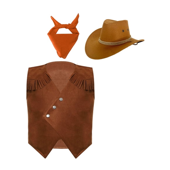 YiZYiF Kids Western Cowboy Cowgirl Outfits Button-Up Fringe Vest with Cowboy Hat and Bandanna Scarf Orange 14