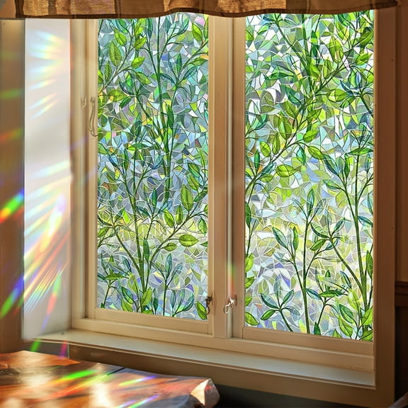 Window Privacy Film Stained Glass,Window Film Privacy Decorative,Rainbow Window Clings Non-Adhesive Reusable Decorative for Room( Leaf ,17.5 x 78.7 in)