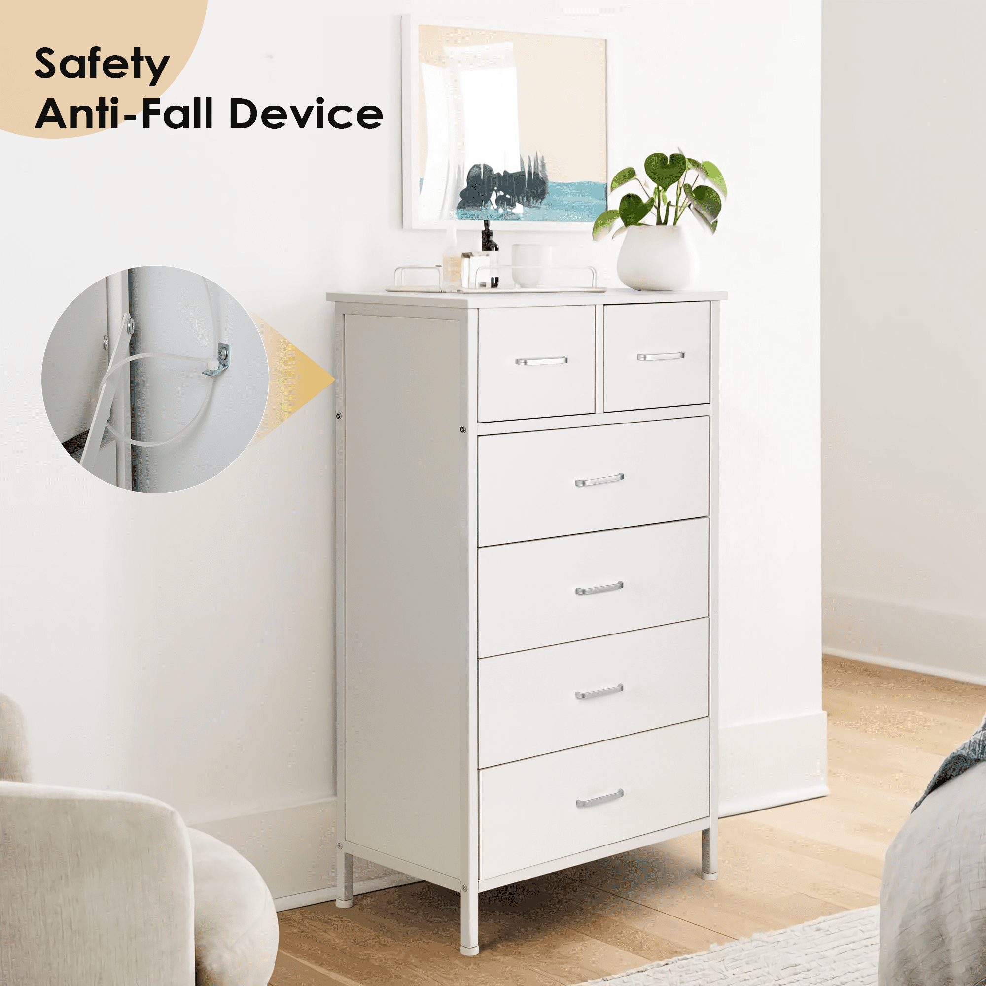 Richya Chest of Drawers, Dresser for Bedroom & Living Room with 6 Drawers, Steel Frame & Anti Fall Device,  White