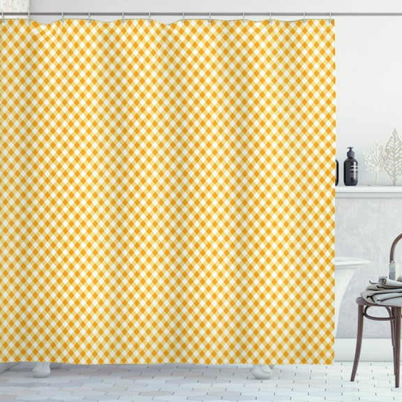 Geometric Rhombus Shower Curtain, Simplistic Monochrome Argyle in Flourishing Summer Tones, Fabric Bathroom Set with Hooks, 69W X 75L Inches Long, Marigold Mustard and White, by Ambesonne