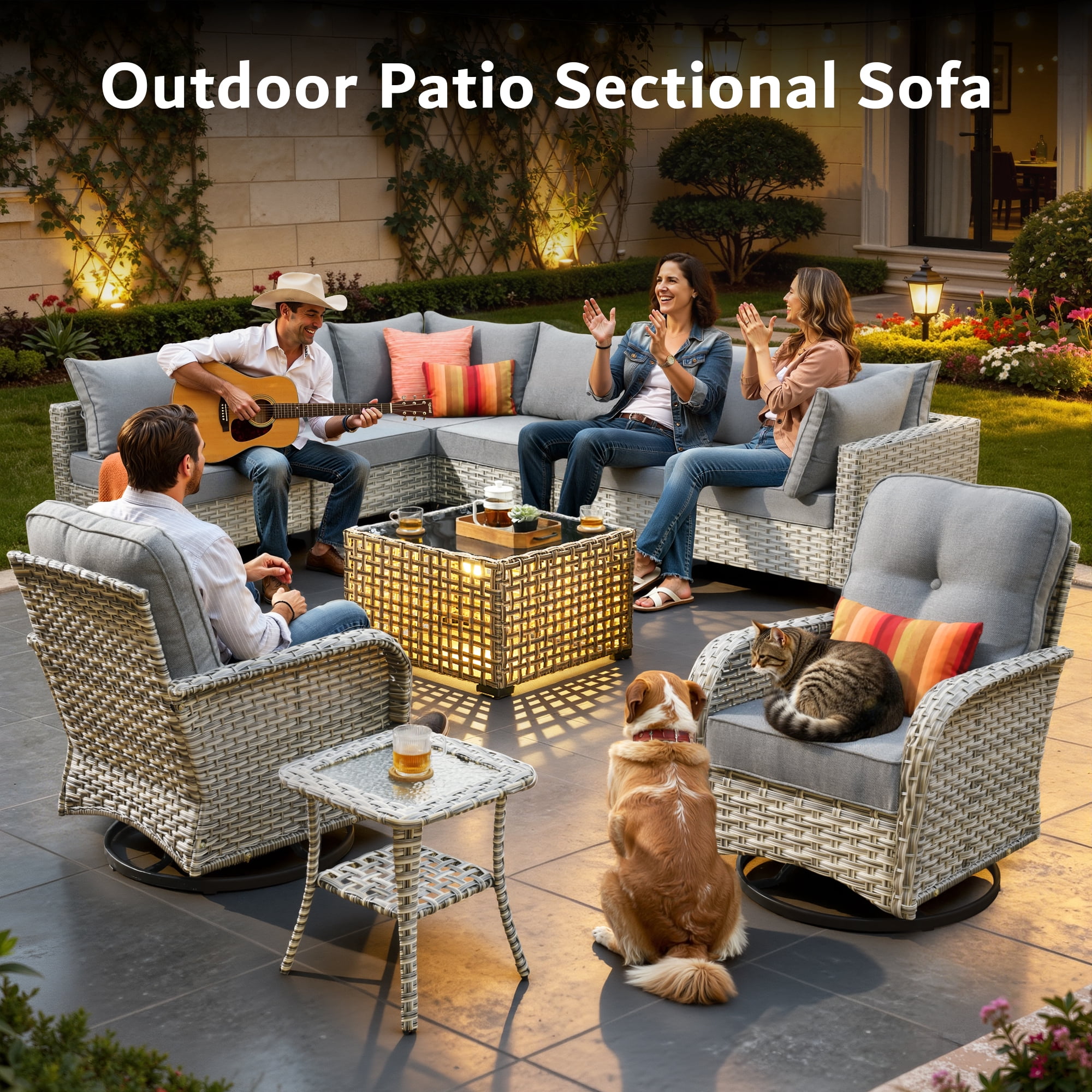 Vcatnet Outdoor Furniture 10 Pieces Patio Conversation Set All-Weather Rattan Wicker Outdoor Sectionals with Swivel Rocking Chair and Solar-Powered Coffee Table Dark Gray