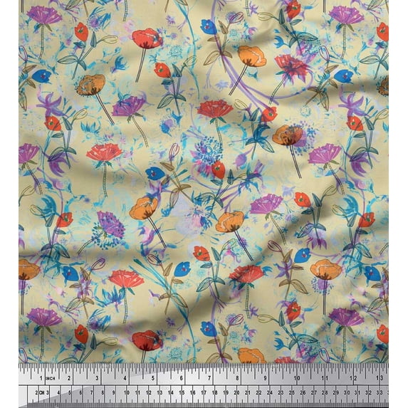 Soimoi Poly Georgette Fabric Leaves & Floral Artistic Decor Fabric Printed Yard 42 Inch Wide