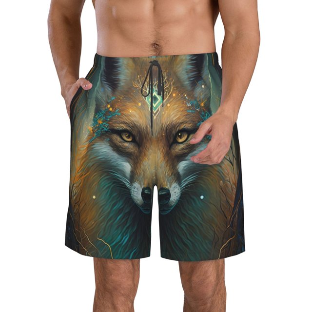 Fotbe Vintage Pattern Fox Trajes de Baño Estampados para Hombre, Shorts de Verano de Secado Rápido, Ropa de Playa, Bañadores-Large