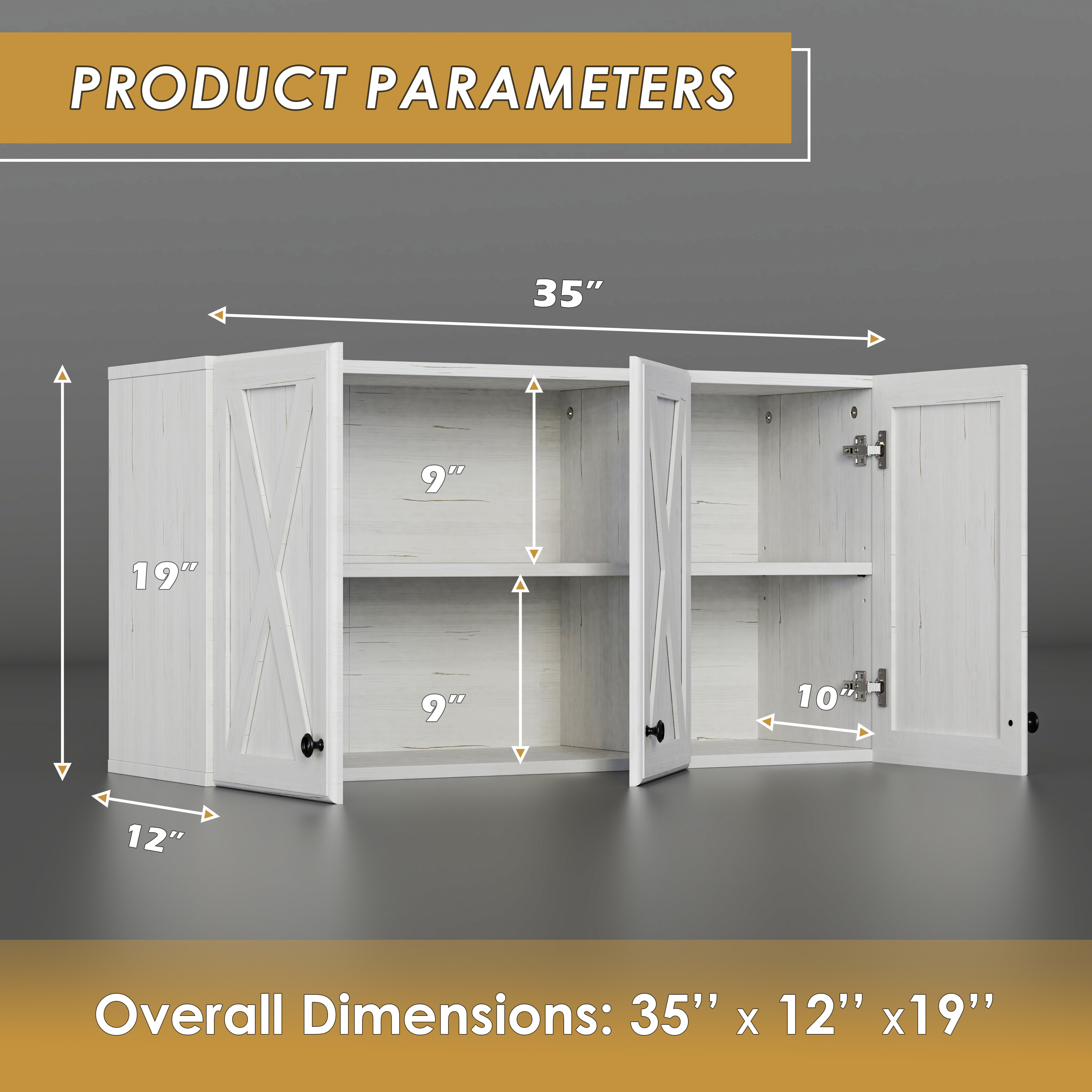 POLIHOME Farmhouse Kitchen Wall Amount Storage Cabinets with 3 Doors and Shelves, 36inch