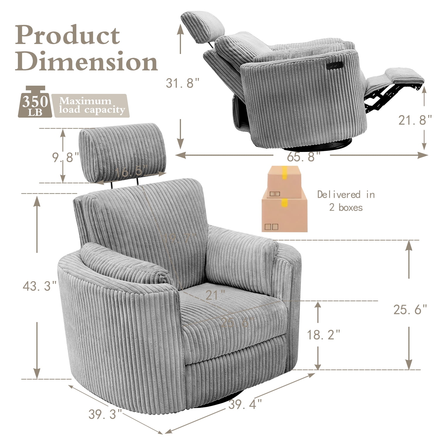 Cynefin Power Recliner Swivel Rocking Nursery Glider Rocker Chair with Headrest, USB and Type-c Port, Corduroy Electric Reclining Sofa Chair Arm Chair for Living Room