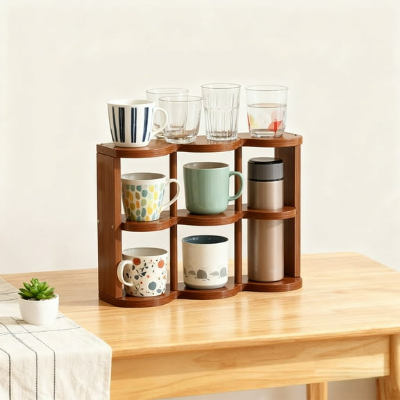 6-Tier Wooden Desktop Organizer | Multi-Layer Cup Holder & Storage Rack | 6-Grid Space-Saving Shelf for Office, Kitchen & Home Supplies | 43x33.5cm