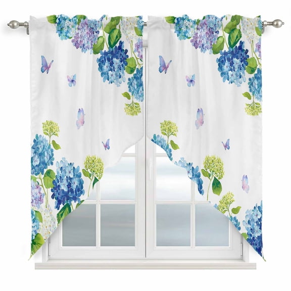 Blue Hydrangea Swag Valances for Windows, Kitchen Window Curtains Over Sink, Farmhouse Butterfly Spring Floral Window Treatment Curtains for Living Room/Bedroom Curtains 2 Panel Sets 36"x45"