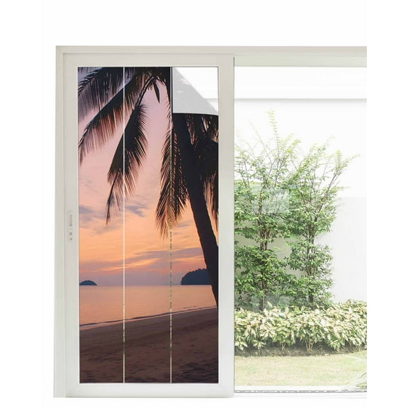 Window Privacy Film Sunset Summer Stained Glass Window Film Decorative Sun Block Window Cover Seasides Palm Tree Leaves Scene Window Clings Static Adhesive Sticker for Bathroom 35.4"x78.7"