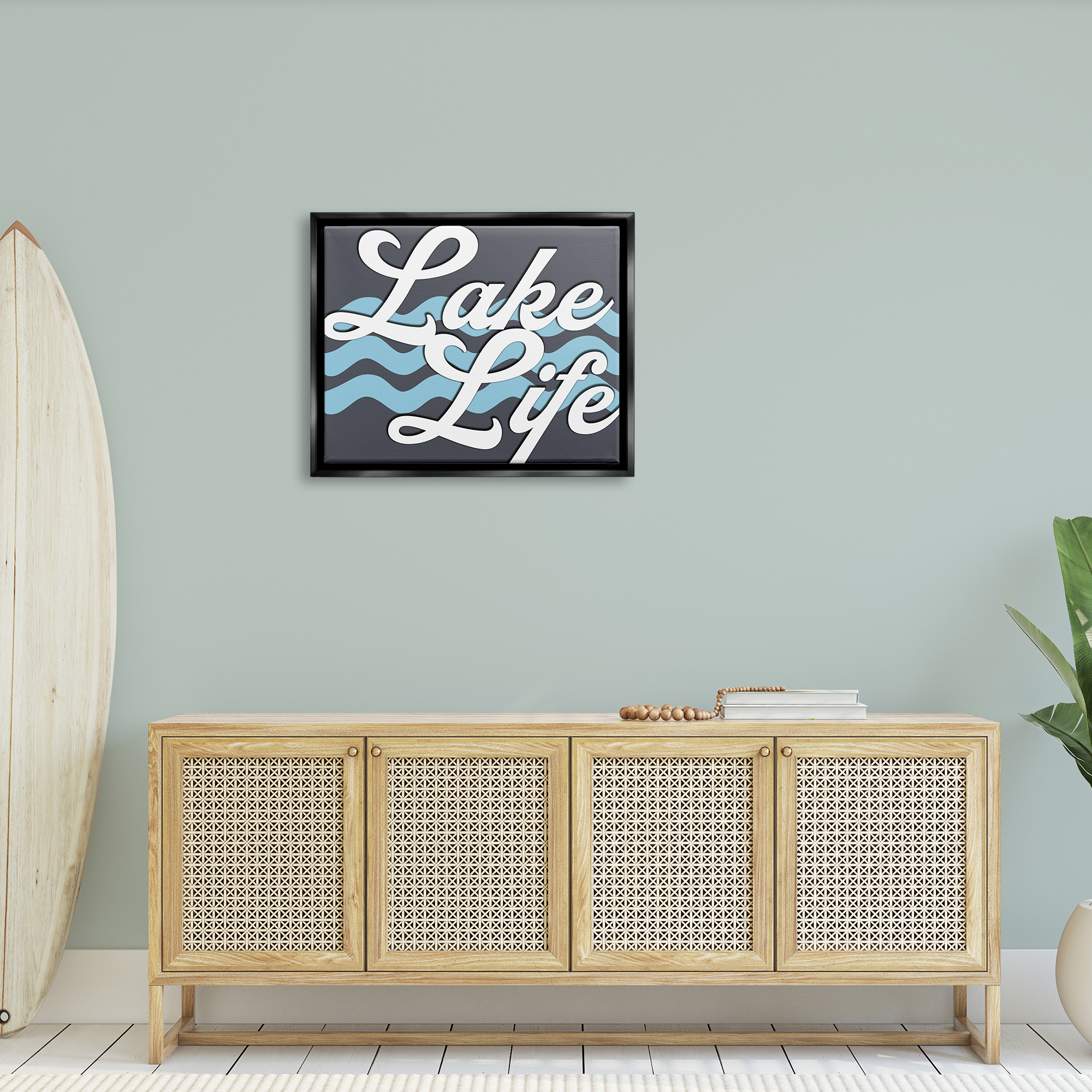 Stupell Lake Life Water Waves Phrase Landscape Painting Black Floater Framed Art Print Wall Art